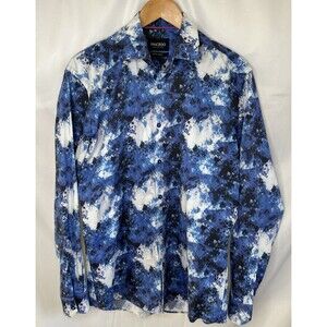 Maceoo Paris Shirt Mens Small Blue Long Sleeve Button Front Abstract Cotton Slim
